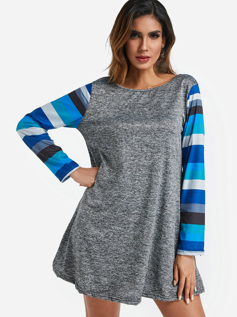 Grey Round Neck Long Sleeve Stripe Mini Dress