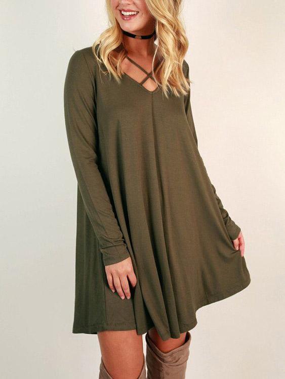 Ladies Army Green V-Neck Dresses