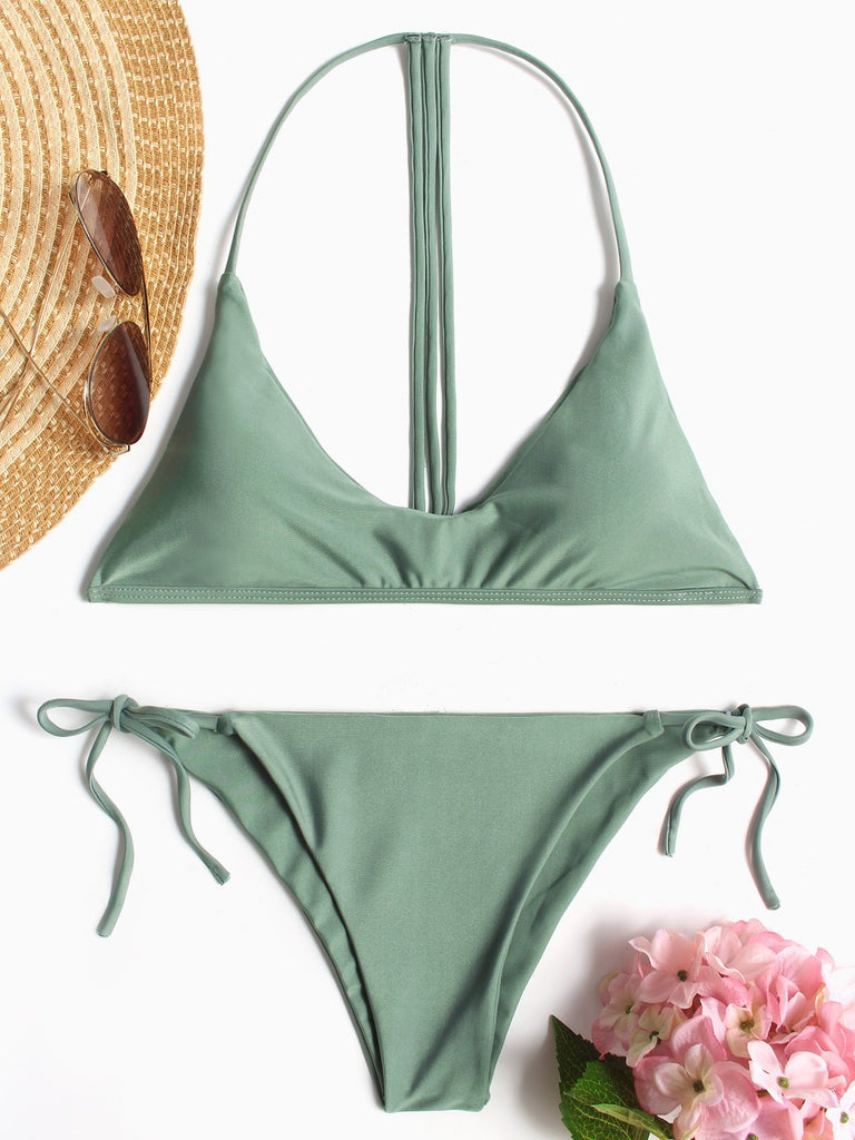 Green Halter Sleeveless Plain Two Piece Bikinis