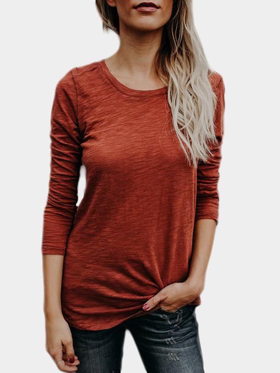 Round Neck Plain Long Sleeve Rust T-Shirts