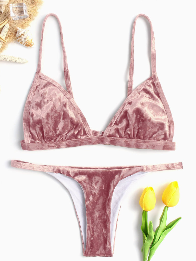 Pink Sleeveless Plain Two Piece Bikinis