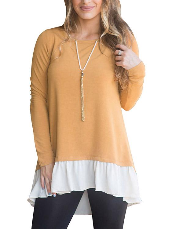 Round Neck Plain Long Sleeve Flounced Hem Yellow T-Shirts