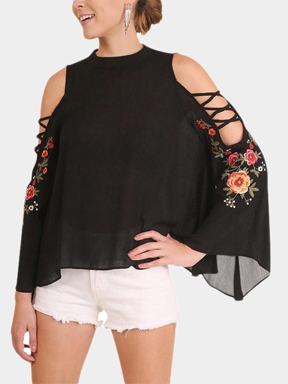 Round Neck Cold Shoulder Embroidered Cut Out Long Sleeve Black Top
