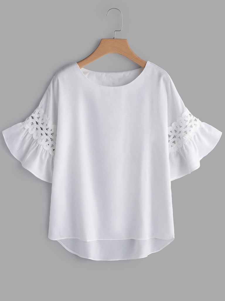 Round Neck Plain Lace Half Sleeve Plus Size Tops