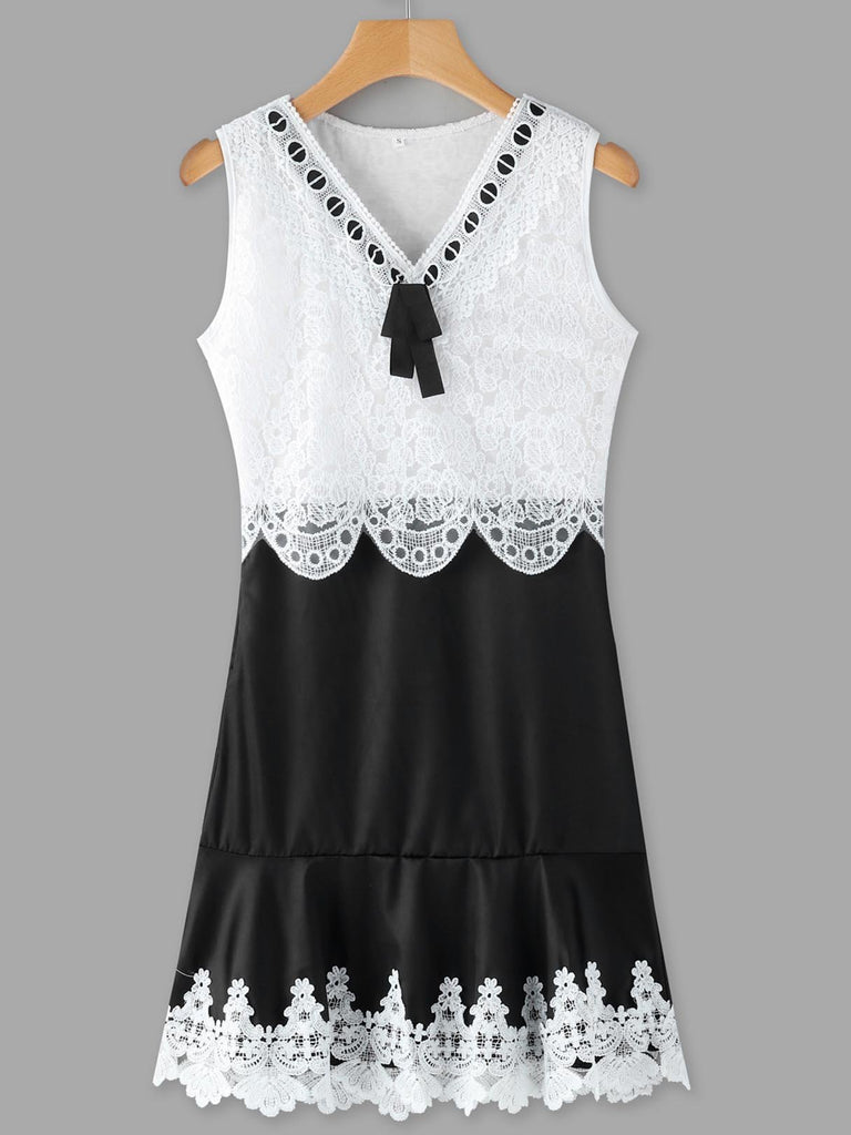 White V-Neck Sleeveless Crochet Lace Embellished Stitching Hem Mini Dresses