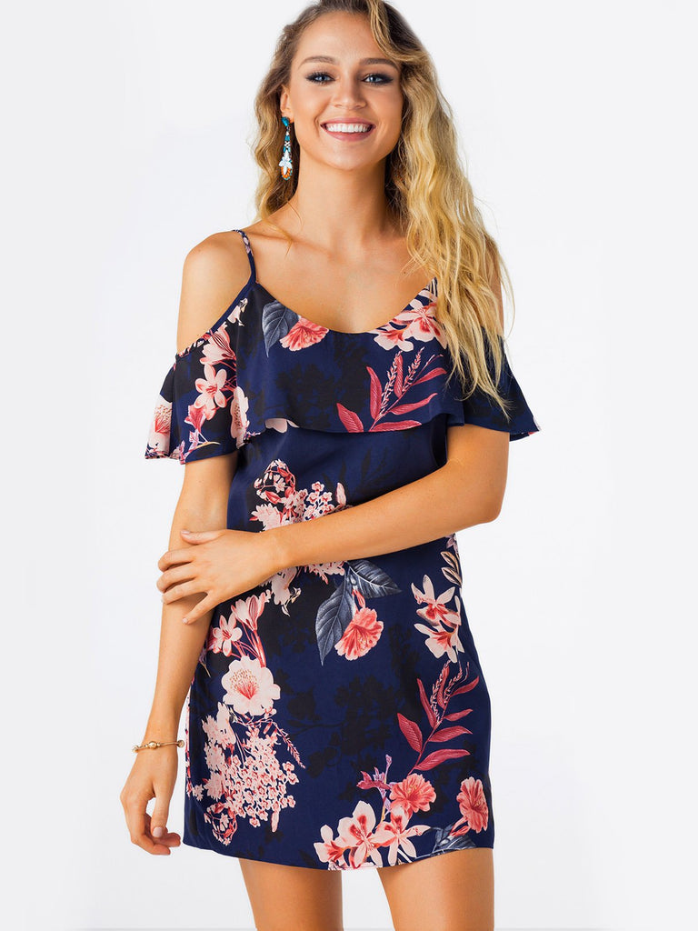 Cold Shoulder Sleeveless Floral Print Spaghetti Strap Navy Dresses