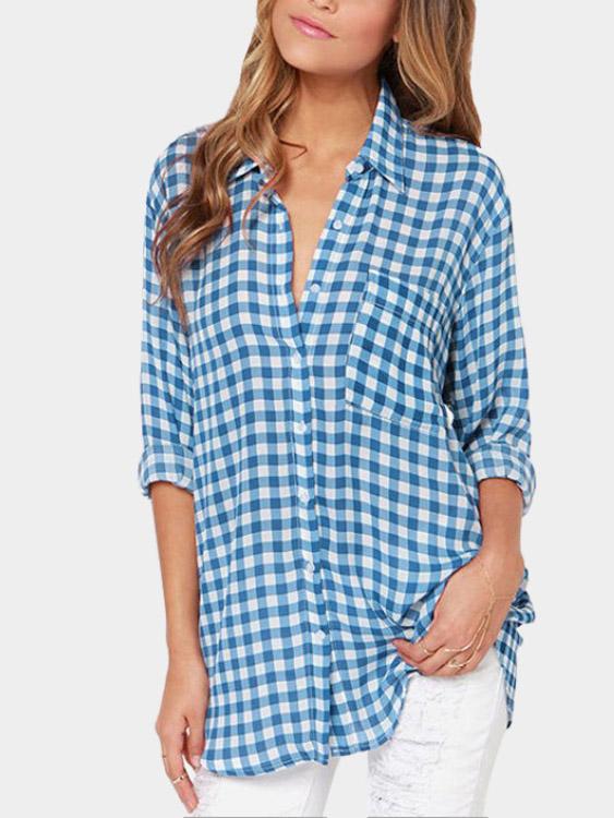 Grid Long Sleeve Blue Blouses