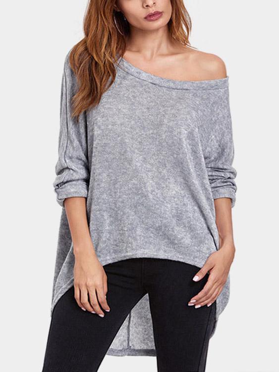 Scoop Neck Long Sleeve Curved Hem Grey T-Shirts