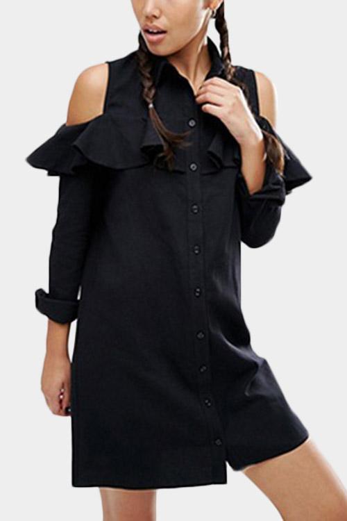 Black Classic Collar Cold Shoulder Long Sleeve Plain Cut Out Shirt Dresses