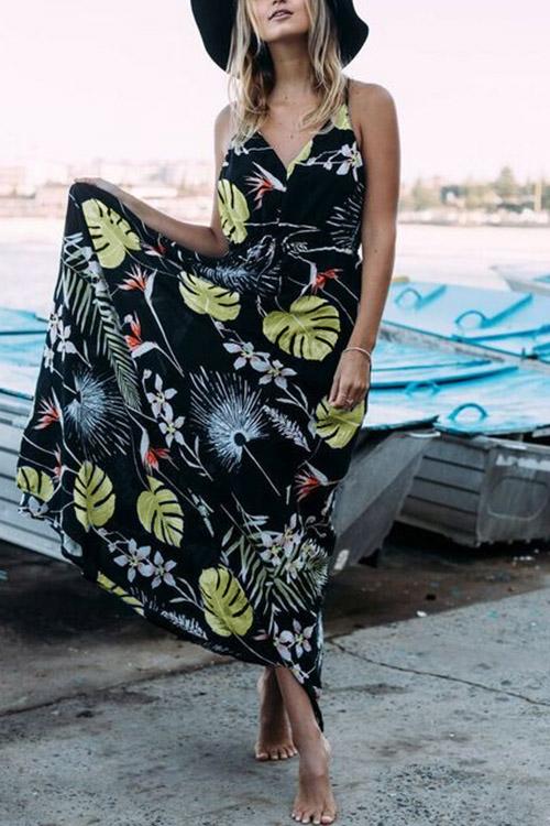 Black V-Neck Sleeveless Floral Print Maxi Dress