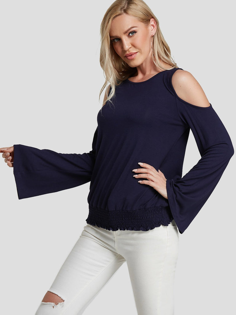 Cold Shoulder Long Sleeve Navy T-Shirts