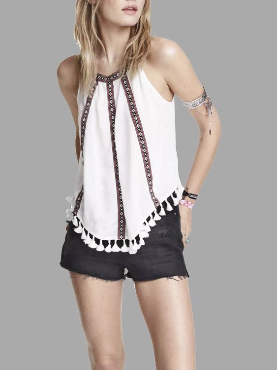Halter Tassel Sleeveless Curved Hem White Camis