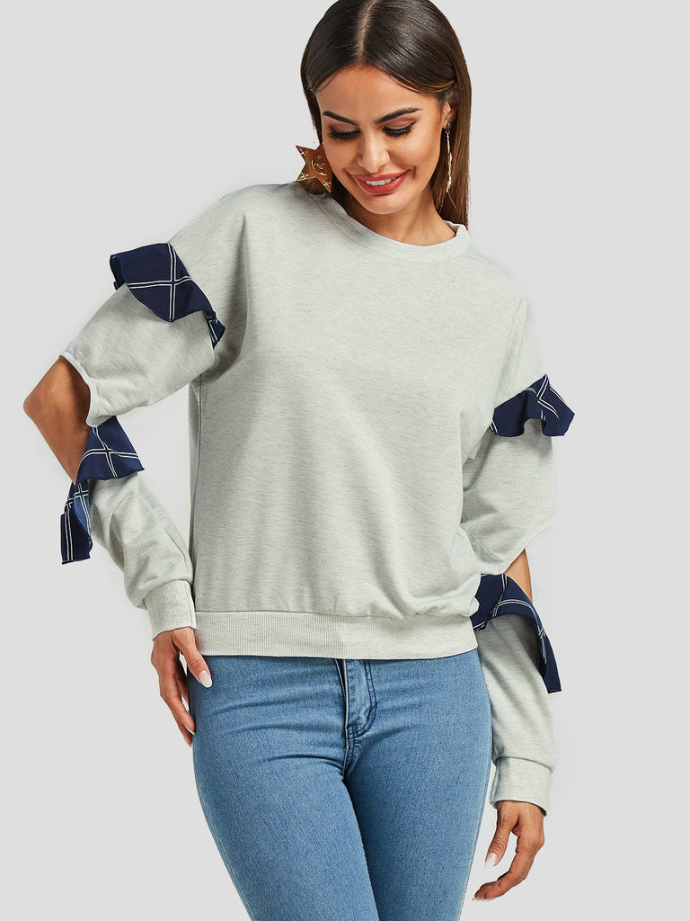 Round Neck Cut Out Long Sleeve Grey Top