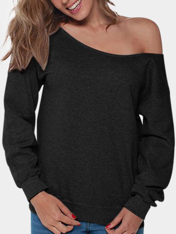 One Shoulder Plain Long Sleeve T-Shirts