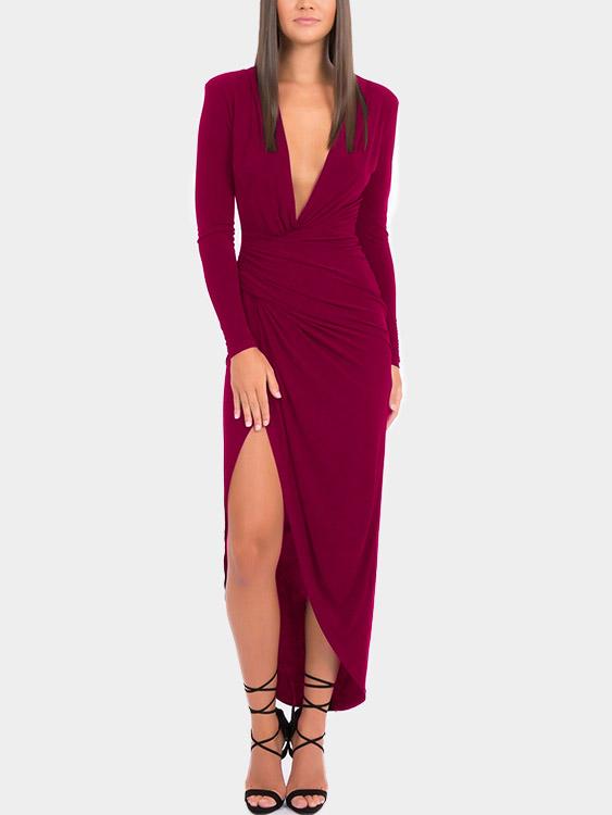 Deep V Neck Long Sleeve Slit Hem Maxi Dress