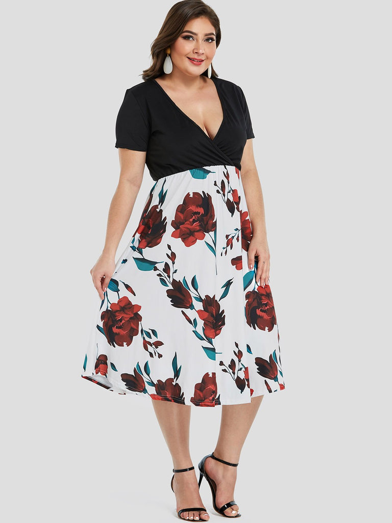 V-Neck Floral Print Short Sleeve Oversized Dress