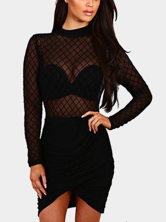 Black Crew Neck Long Sleeve Irregular Hem Mini Dress