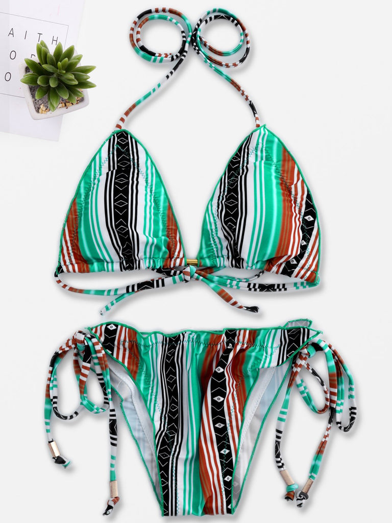 Halter Stripe Self-Tie Sleeveless Bikini Set