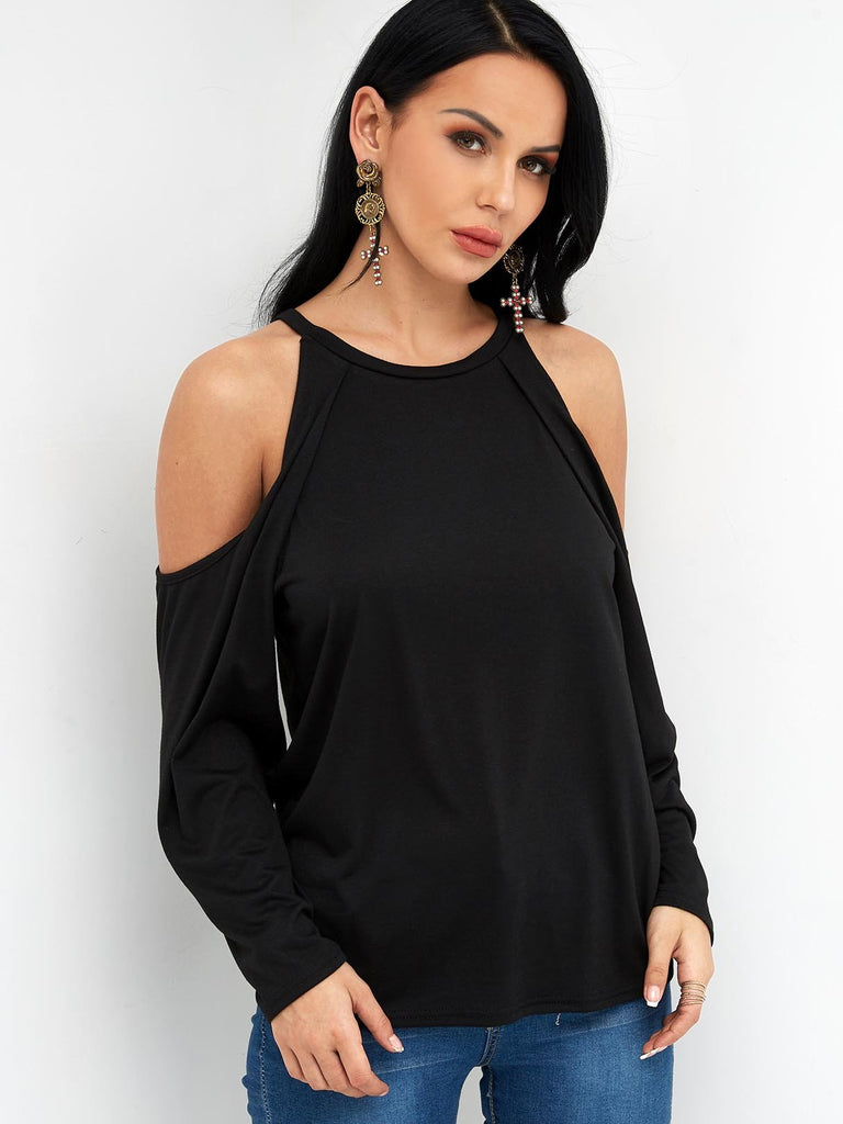 Round Neck Cold Shoulder Plain Long Sleeve Black T-Shirt