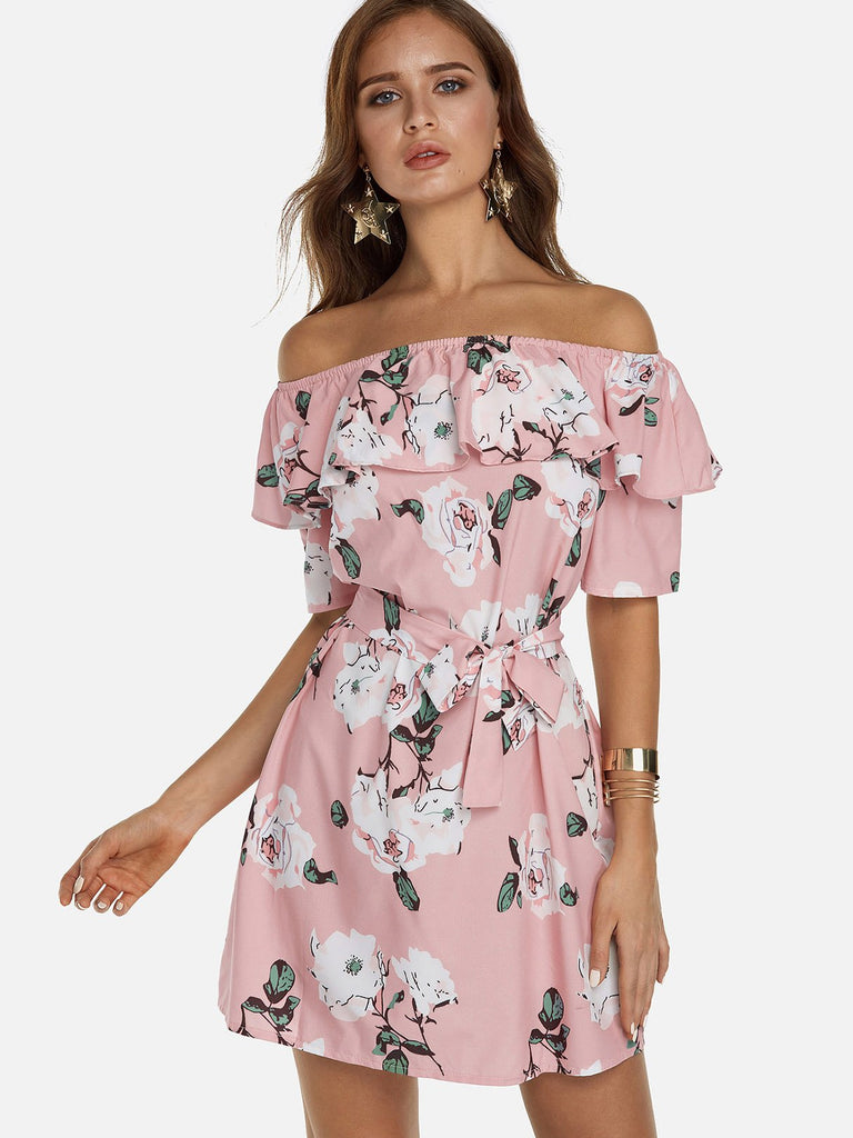 Pink Off The Shoulder Short Sleeve Floral Print Backless Self-Tie Flounced Hem Dresses