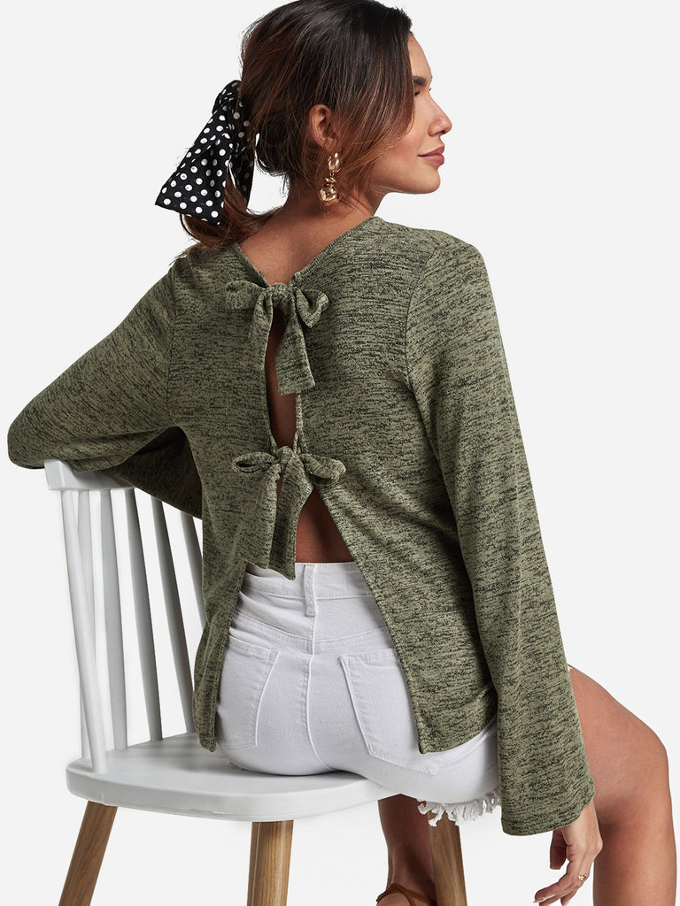 Round Neck Backless Lace-Up Green Top