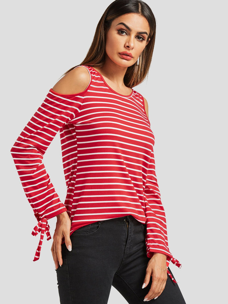 Round Neck Cold Shoulder Stripe Cut Out Long Sleeve Red T-Shirts