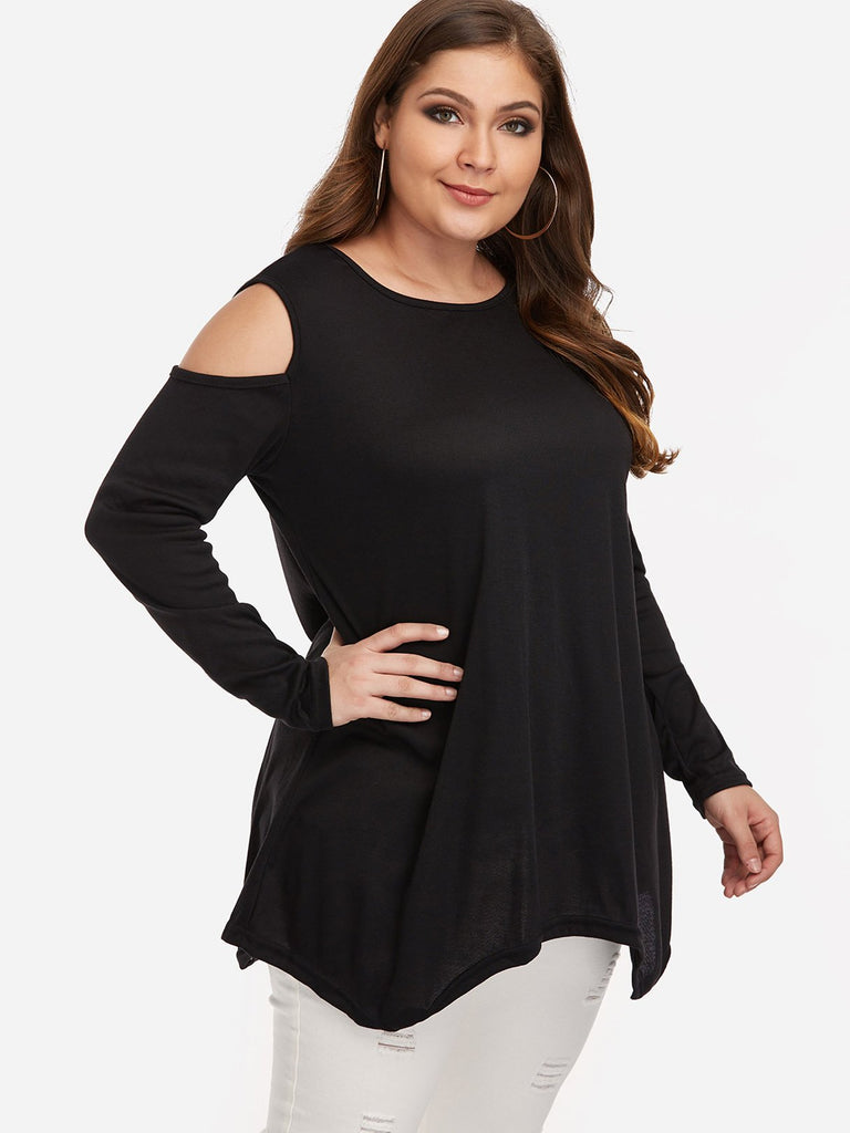 Round Neck Plain Cut Out Long Sleeve Handkerchief Hem Black Plus Size Tops