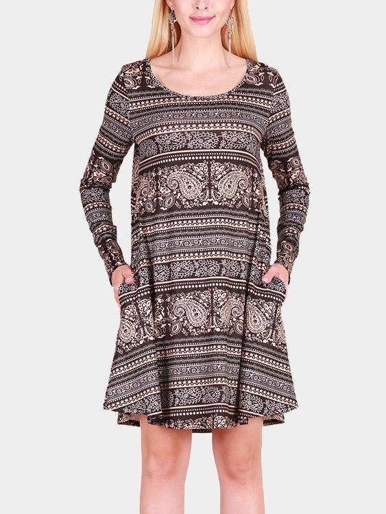 Round Neck Geometrical Long Sleeve Fashion Casual Dresses
