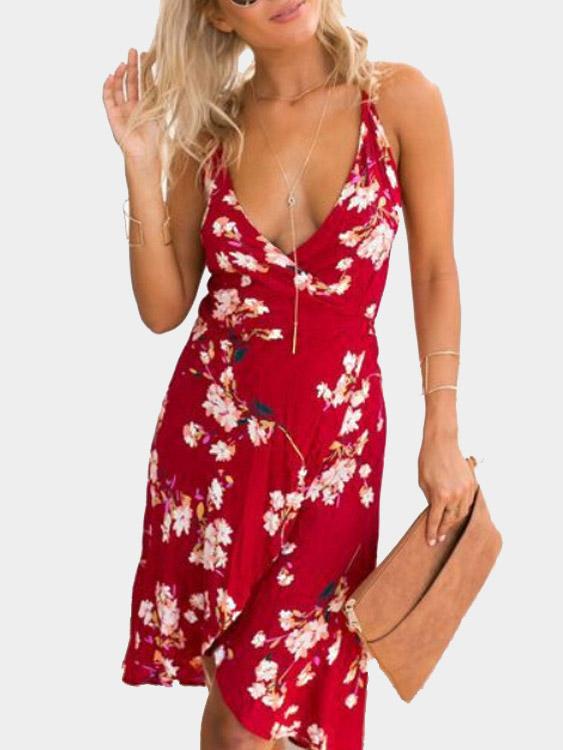 Halter V-Neck Sleeveless Floral Print Backless Irregular Hem Dresses