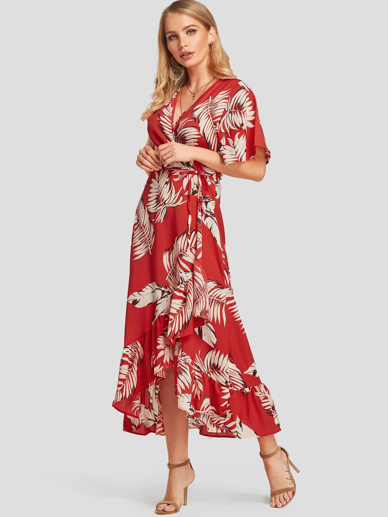 V-Neck Short Sleeve Printed Self-Tie Ruffle Trim Wrap Irregular Hem Maxi Dresses