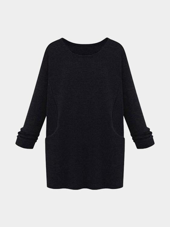 Black Round Neck Long Sleeve Plain Shirt Dresses
