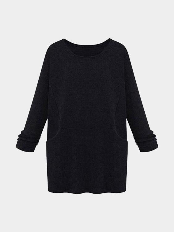 Black Round Neck Long Sleeve Plain Shirt Dresses