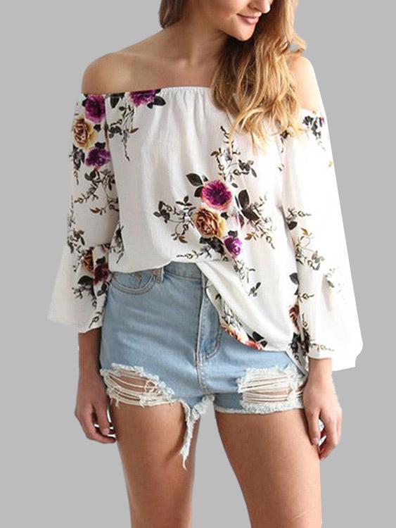 Off The Shoulder Floral Print Long Sleeve White T-Shirts