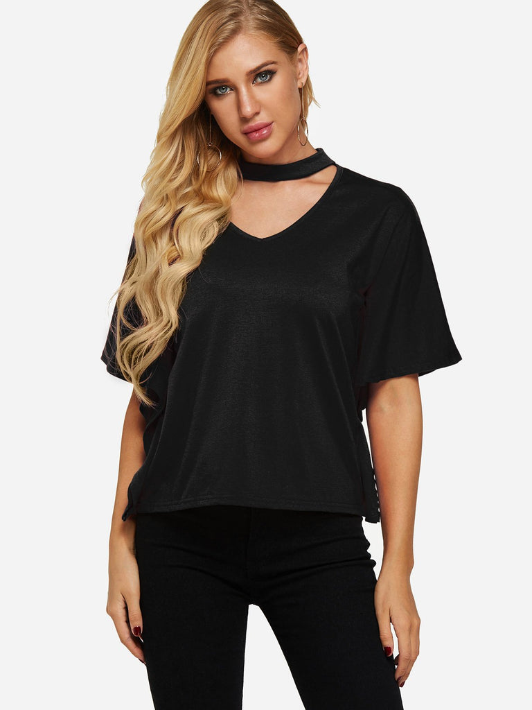 Halter V-Neck Plain Cut Out Half Sleeve Black Top
