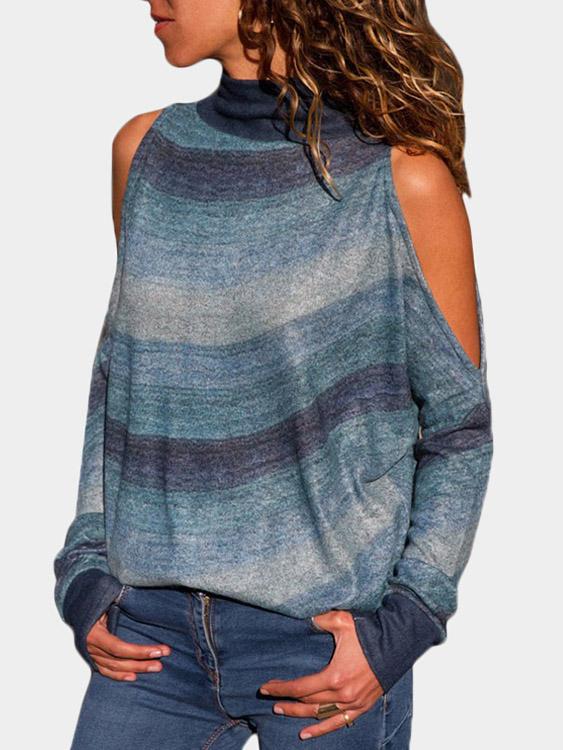 High Neck Cold Shoulder Stripe Long Sleeve T-Shirts