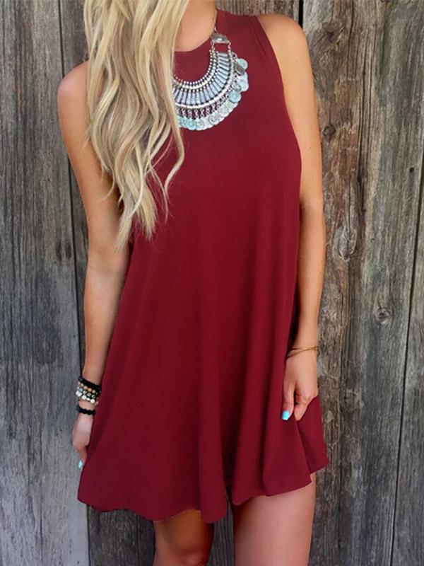 Round Neck Plain Sleeveless Flounced Hem Burgundy Mini Dress