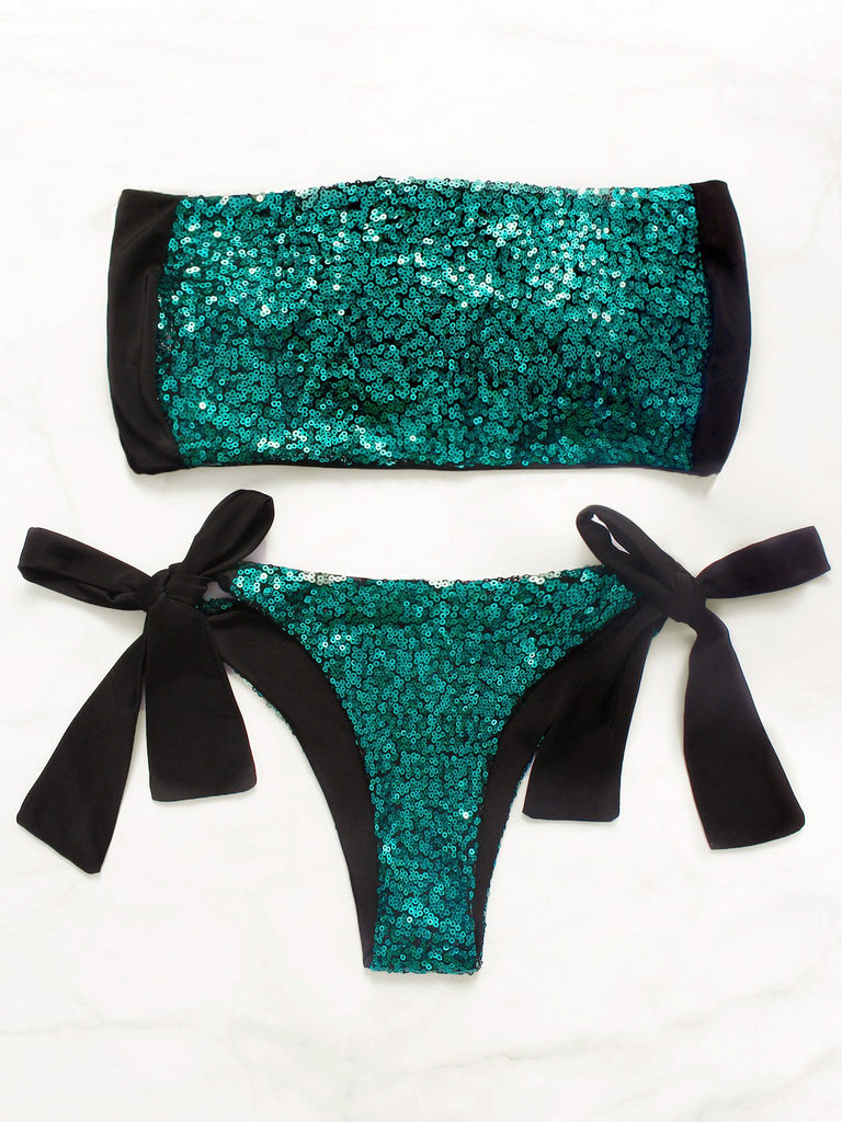 Green Strapless Off The Shoulder Sleeveless Fantasy Colour Backless Sequins Embellished Tie-Up Bikinis