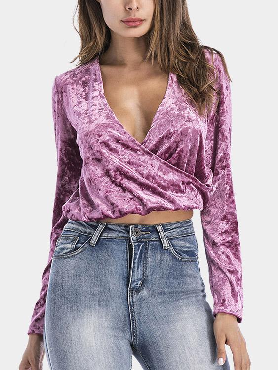Deep V Neck Plain Crossed Front Long Sleeve Pink Blouses
