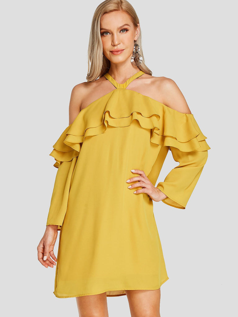 Yellow Cold Shoulder Long Sleeve Plain Double Layer Mini Dresses