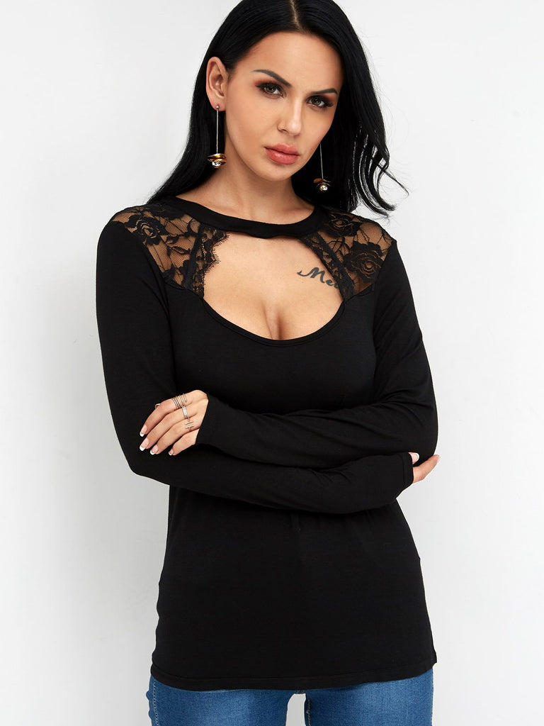 Crew Neck Lace Cut Out Long Sleeve Black T-Shirts