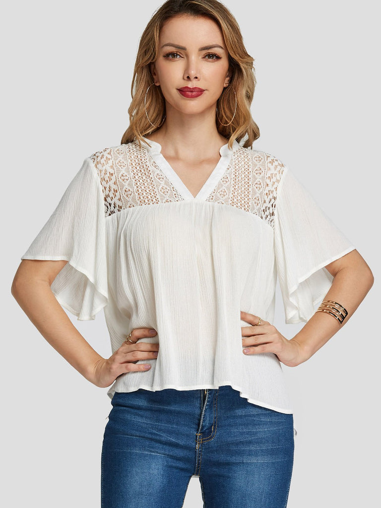 V-Neck Lace Hollow Short Sleeve White Blouses