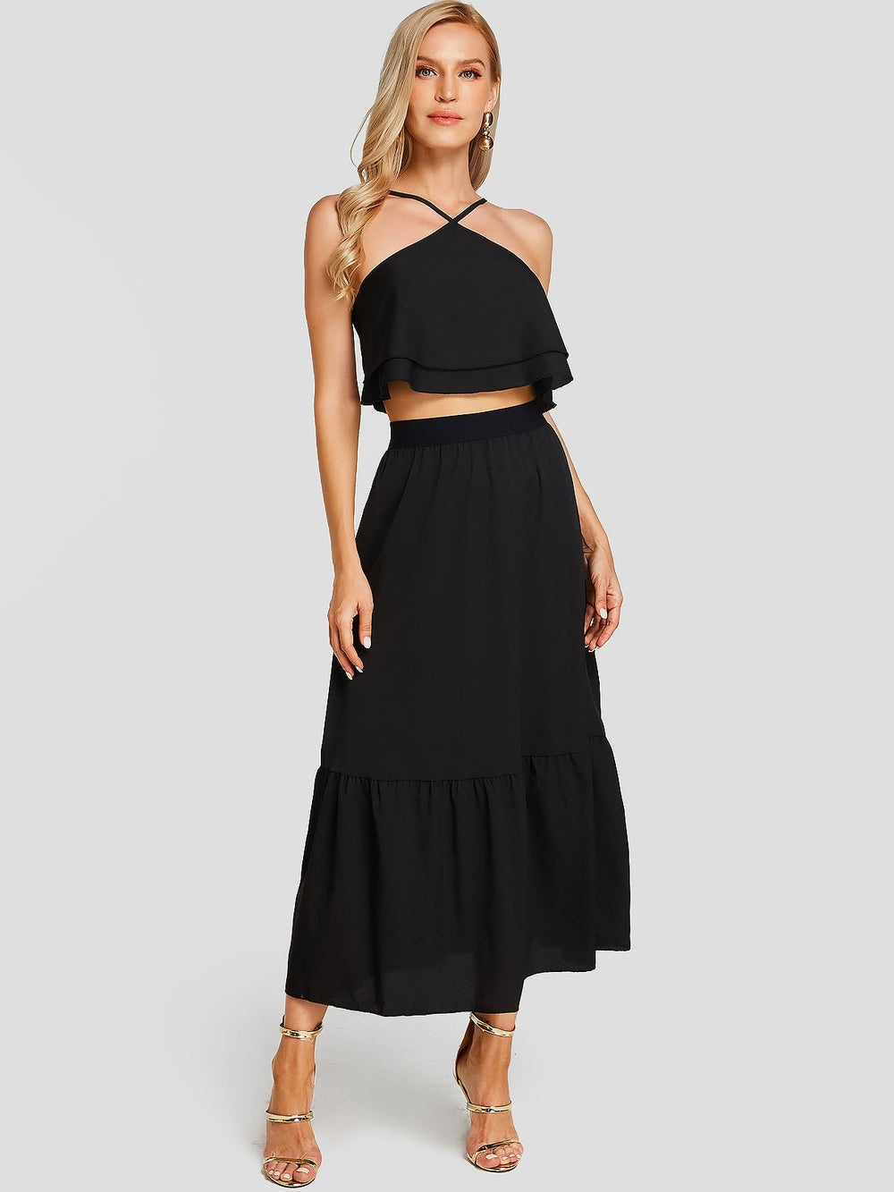Halter Backless Sleeveless Black Two Piece Outfits