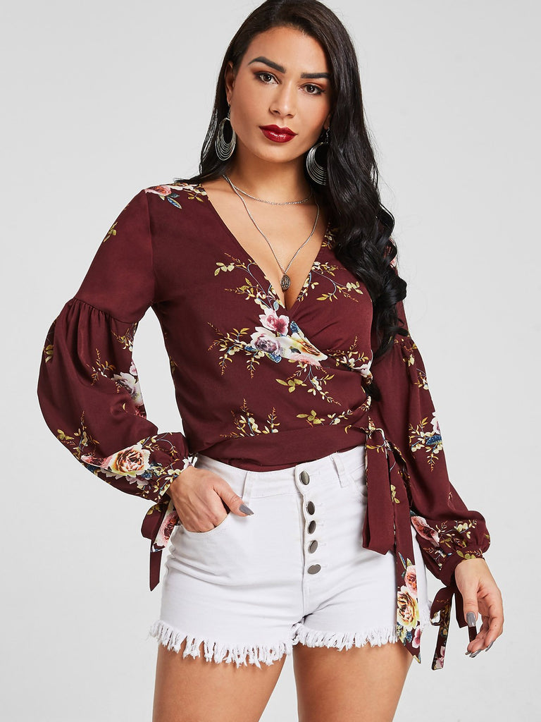 V-Neck Floral Print Lace-Up Self-Tie Long Sleeve Burgundy Blouses