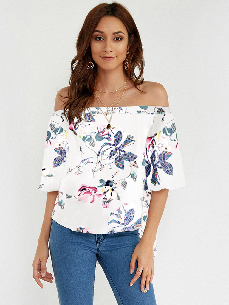 Off The Shoulder Floral Print Short Sleeve Irregular Hem White Blouses