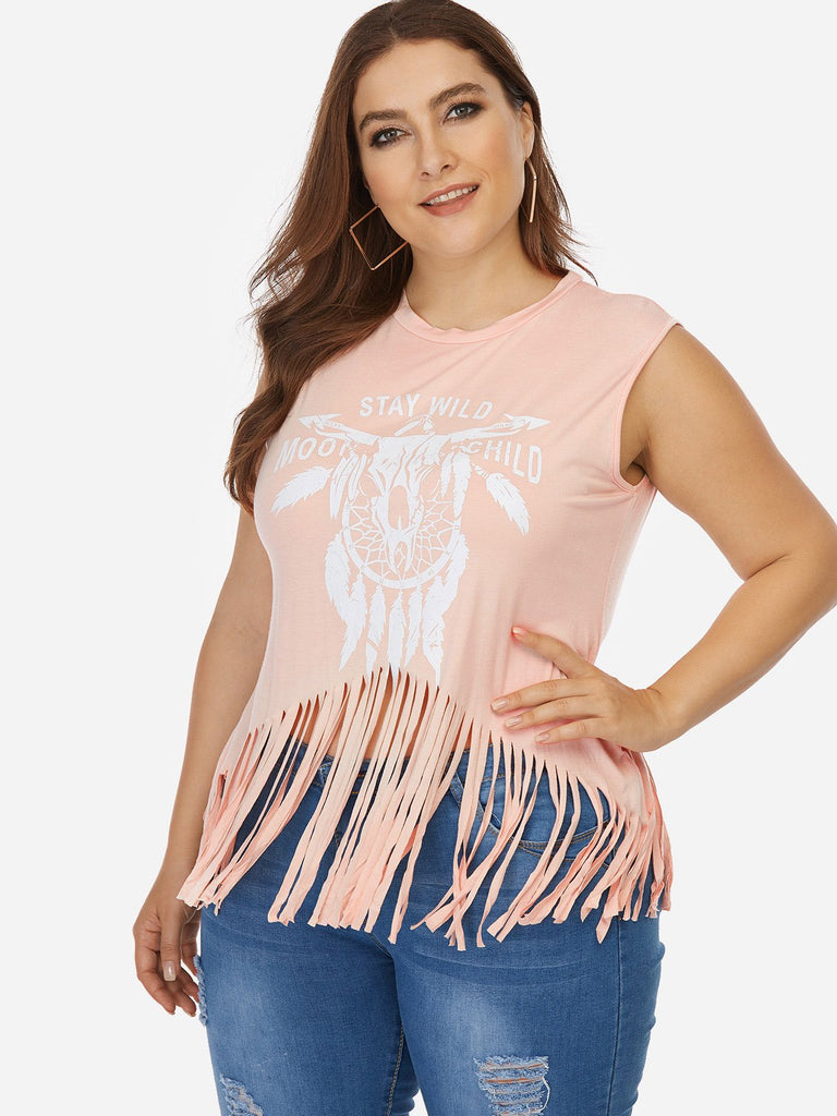 Scoop Neck Printed Tassel Sleeveless Tassel Hem Pink Plus Size Tops