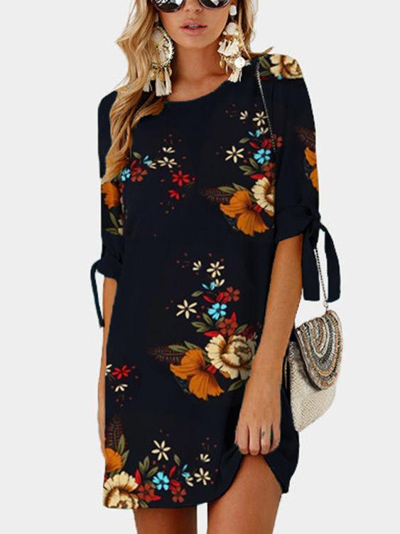 Black Half Sleeve Round Neck Floral Print Self-Tie Mini Dresses