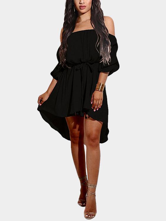 Black Off The Shoulder Half Sleeve Curved Hem Dresses