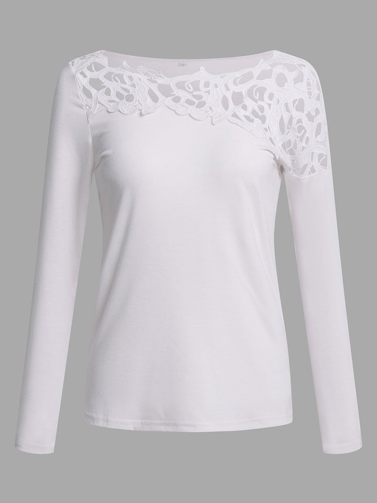 Round Neck Plain Lace Hollow Cut Out Long Sleeve White T-Shirts