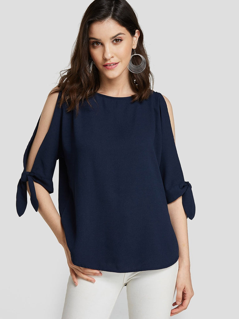 Round Neck Cut Out Self-Tie Half Sleeve Navy Blouses