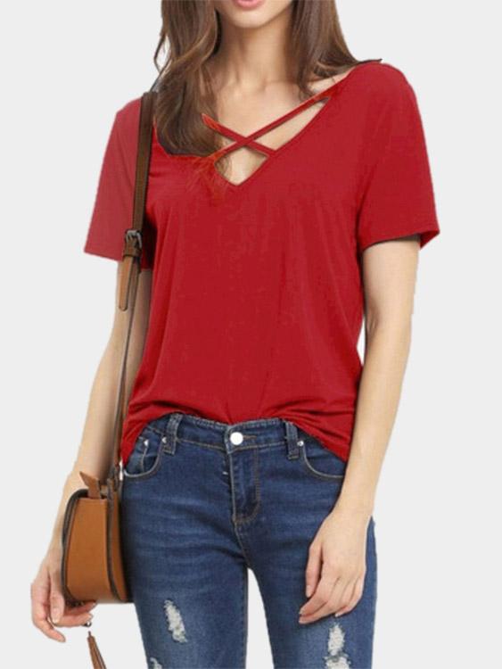 V-Neck Plain Short Sleeve Red T-Shirts